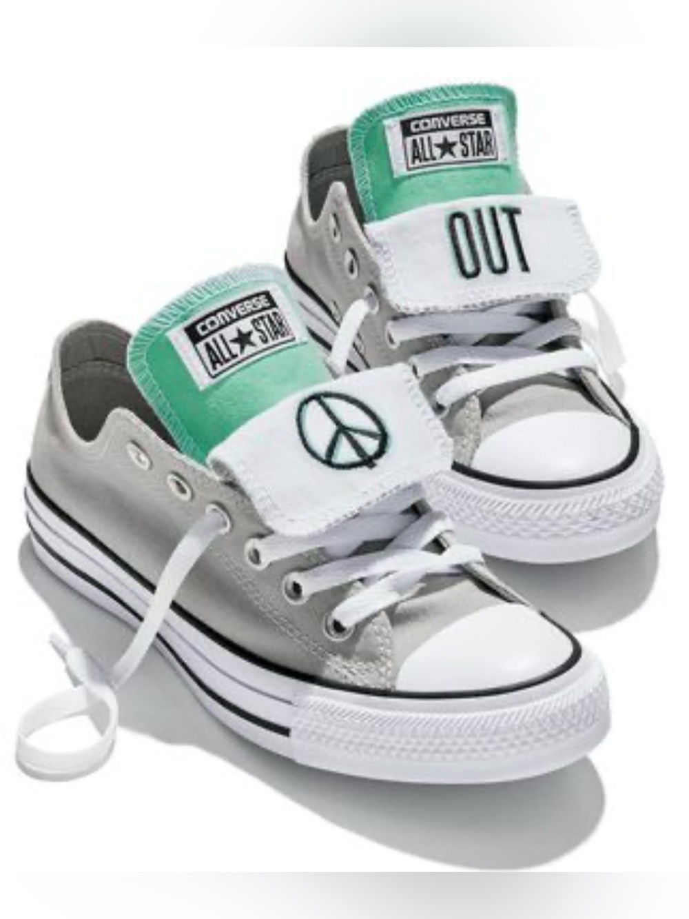 Converse Chuck Taylor Gray Sneakers Mint Green Flip Tongue Peace Sign Size 9